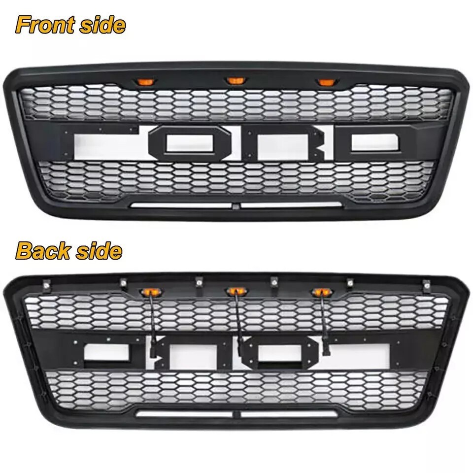 For 2004-2008 F150 F-150 Raptor Style Front Bumper Grille Grill Black w/Lights