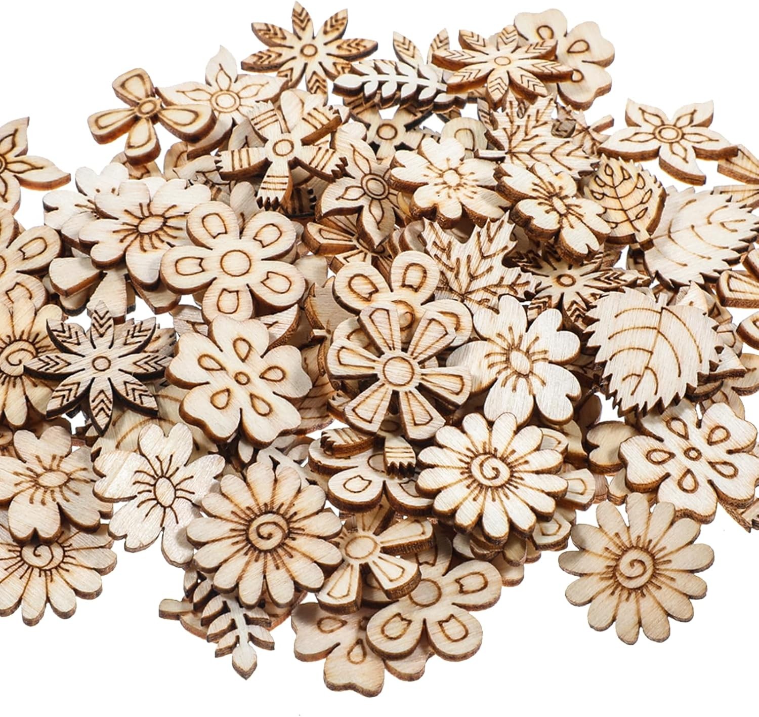 100 Pcs Poplar Wood Mini Flowers DIY Crafts Cutouts Embellishments