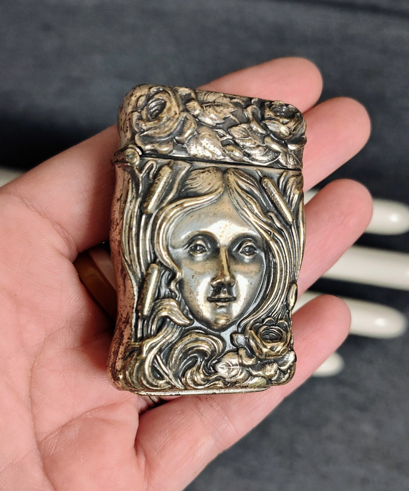 1870's Antique German Silver Art Nouveau Woman Lady Match Safe Vesta