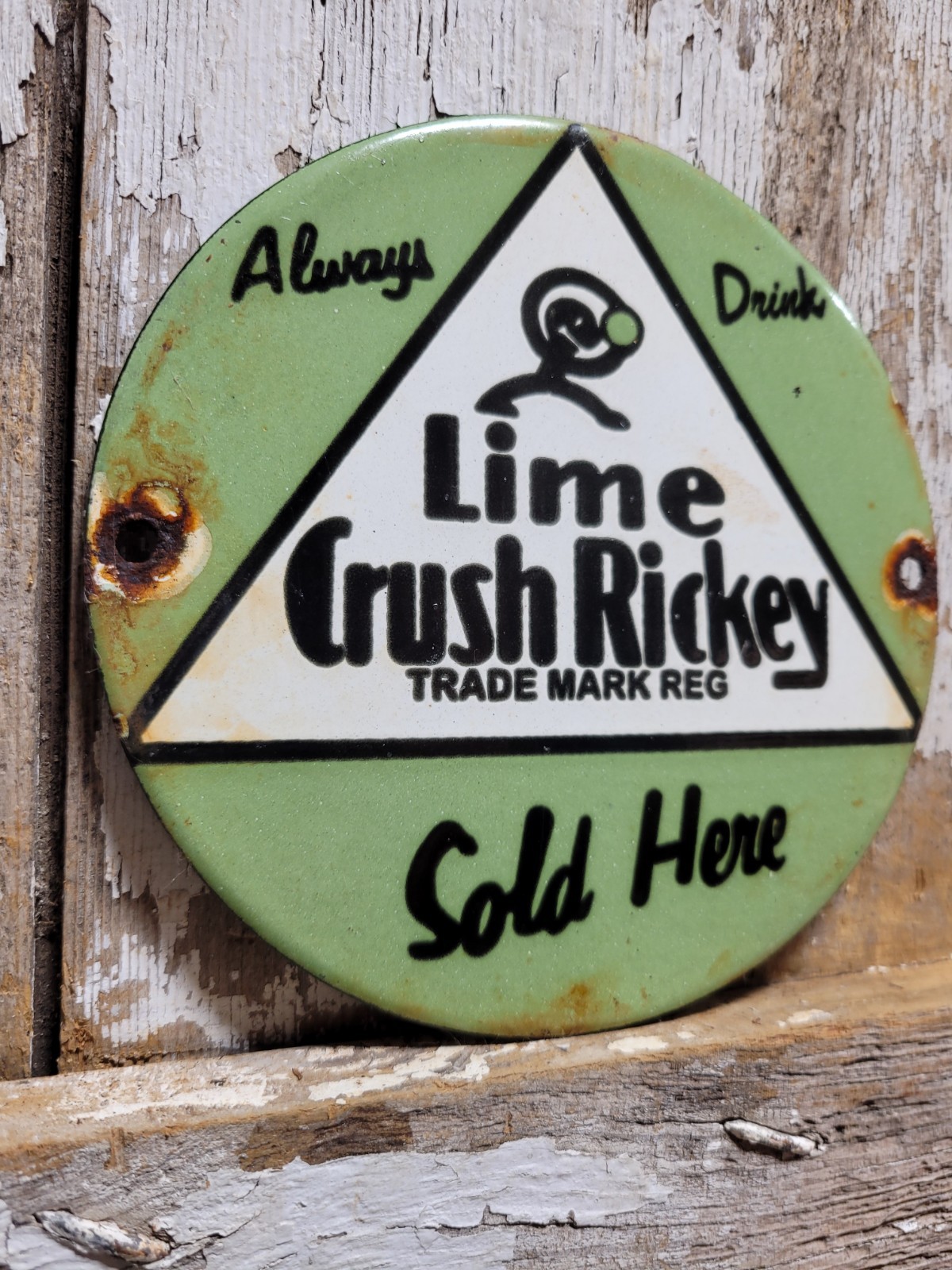 VINTAGE CRUSH PORCELAIN SIGN OLD LIME RICKEY SODA COLA POP BEVERAGE SOLD HERE