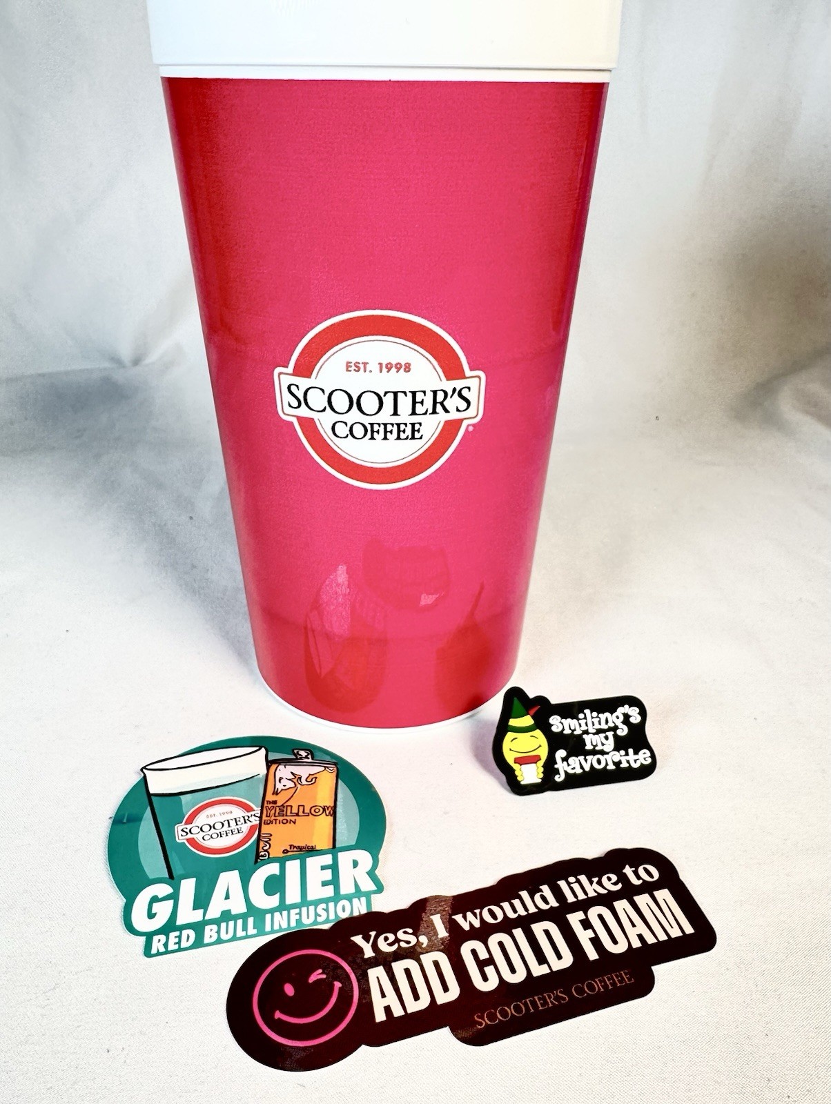 Scooter's Coffee Collectible Red Cup Cheers 32oz, 2 Stickers And A Straw Topper