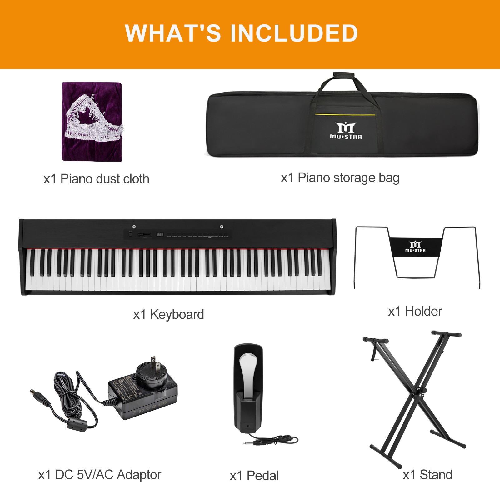 MUSTAR Black 88-Keys Full Size Semi-Weighted Digital Piano Keyboards with Pedal