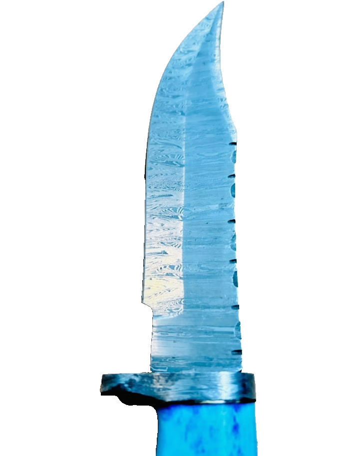 Blue Stag Bone Handle Damascus Fixed Blade Knife, Custom Made