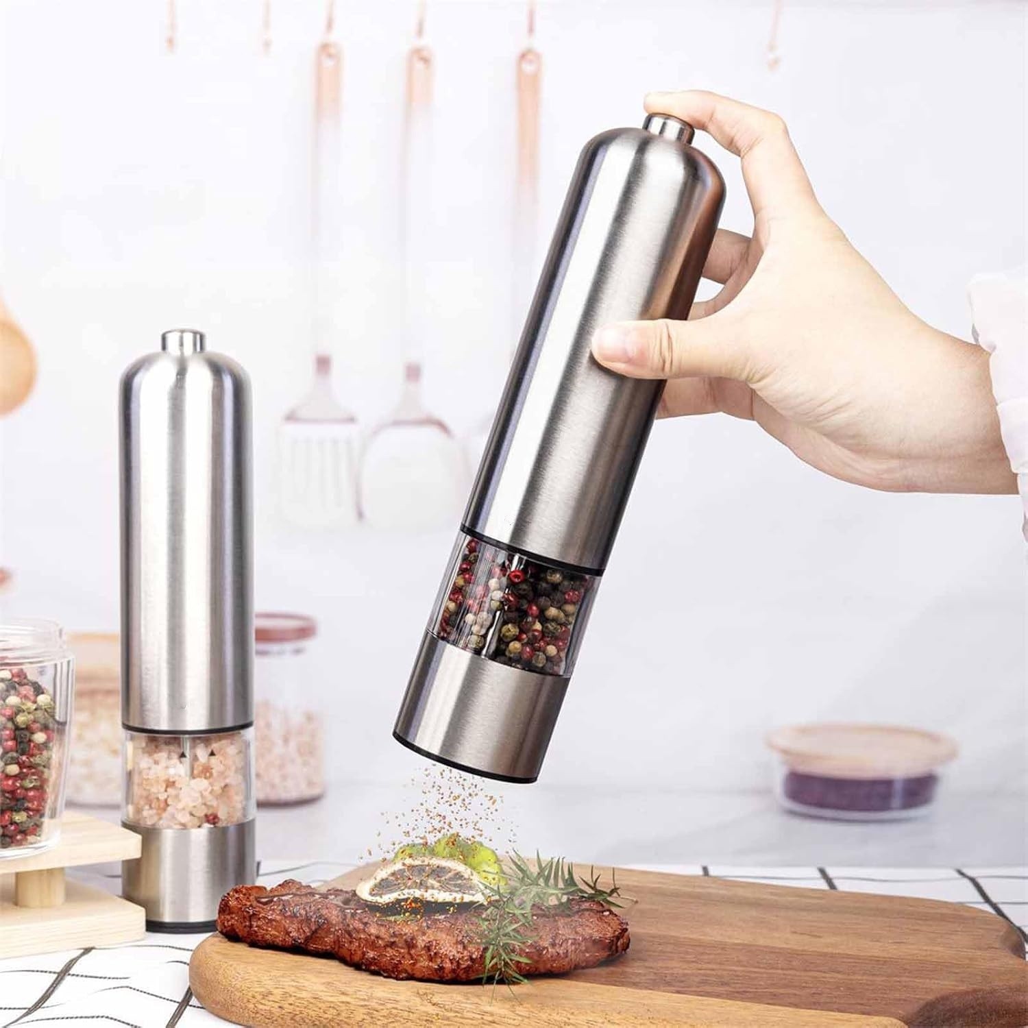 2PCS Electric Salt Pepper Grinder Mill Shakers Set Adjustable Stainless Steel