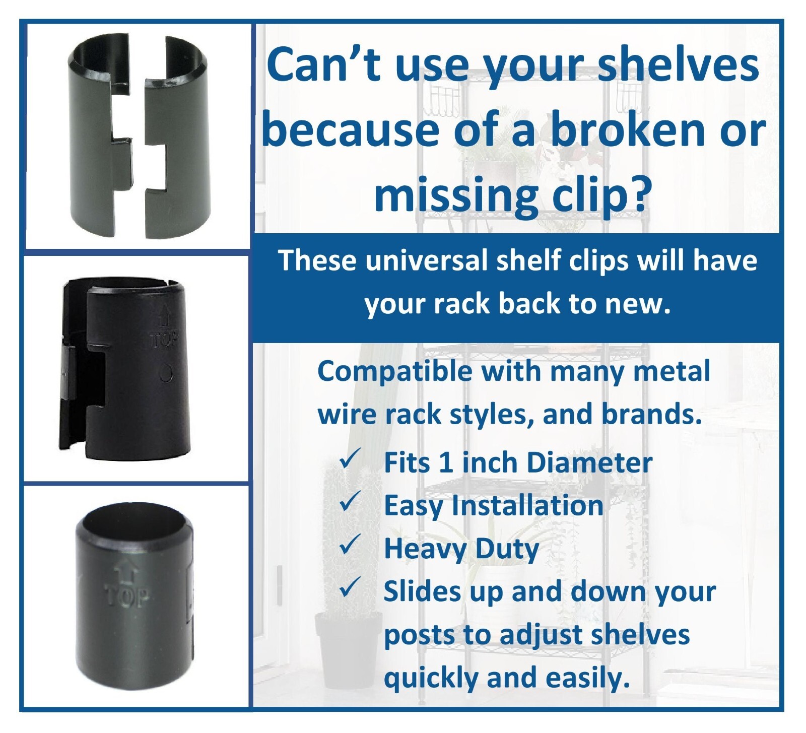 1" Diameter Wire Shelf Clips Shelving Split Sleeves Lock Locking Plastic 16 pair