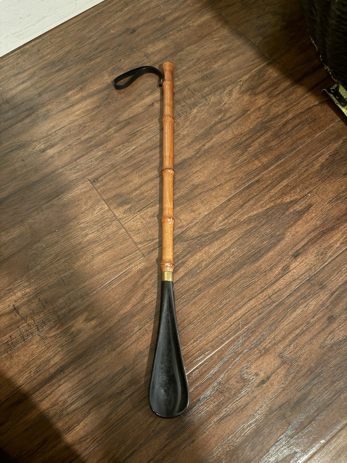 Vintage Bamboo Shoe Horn with Wooden Grip and Leather Strap, 16.5 Inch