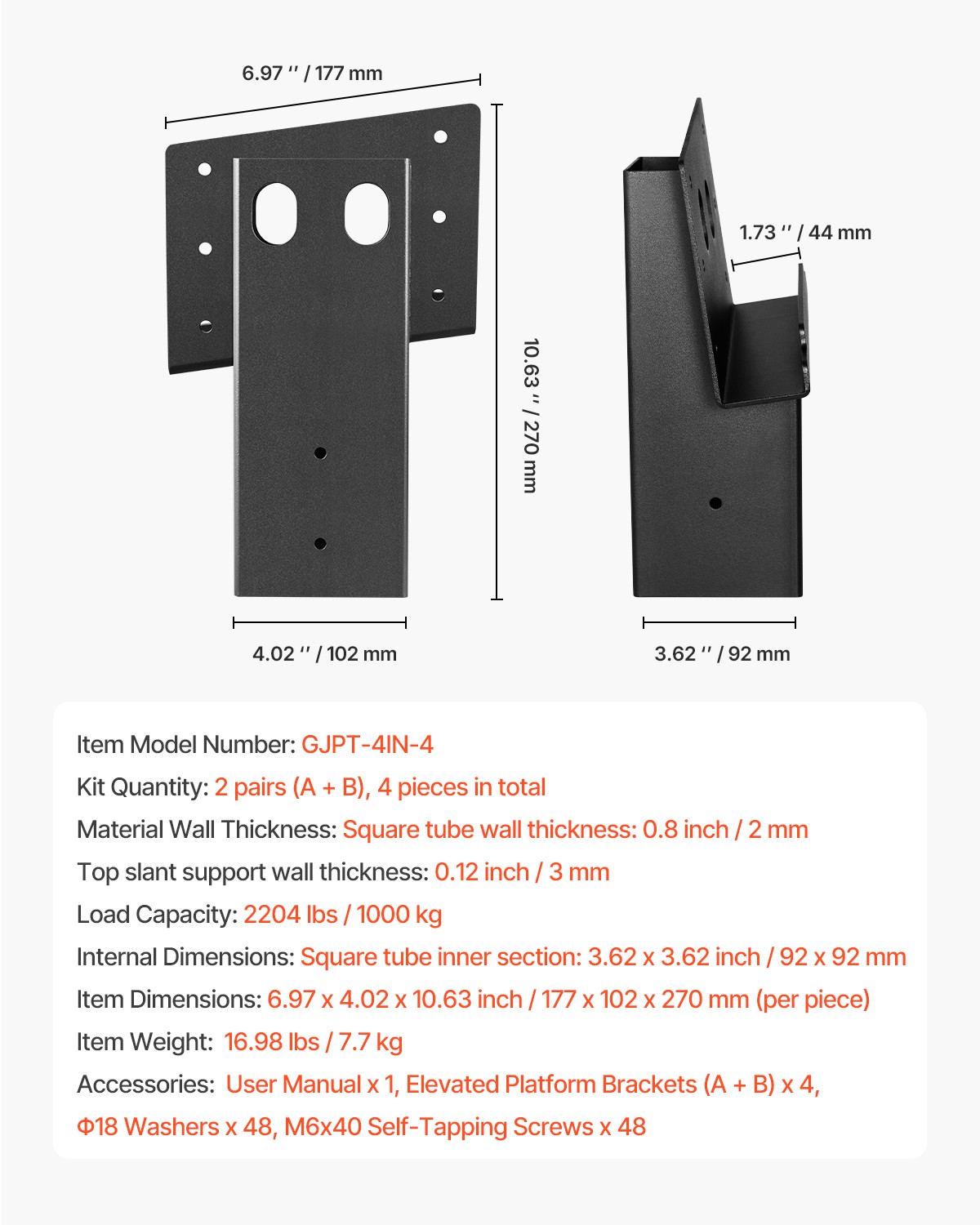 VEVOR Compound Angle Platform Brackets Fit 3.5x3.5 In /88.9x88.9 mm Lumber 4 Pcs