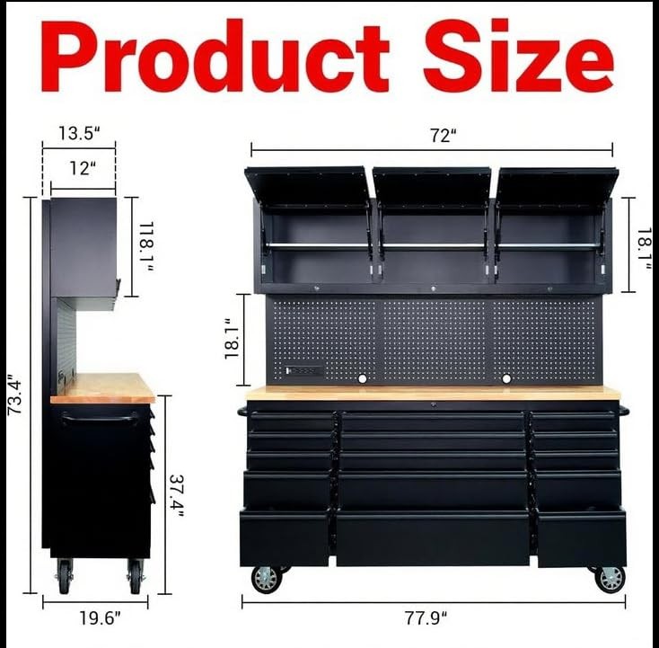 72-inch Heavy Duty Tool Chest Cabinet with 15 Drawers and 3 Upper Cabinets