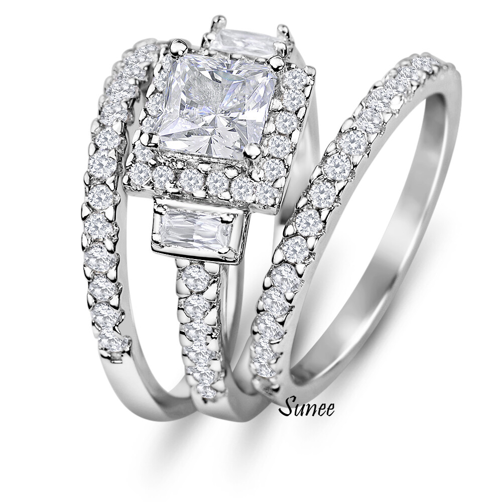Halo Simulated Princess Cut 925 Wedding Rings Engagement Rings Set Simulated