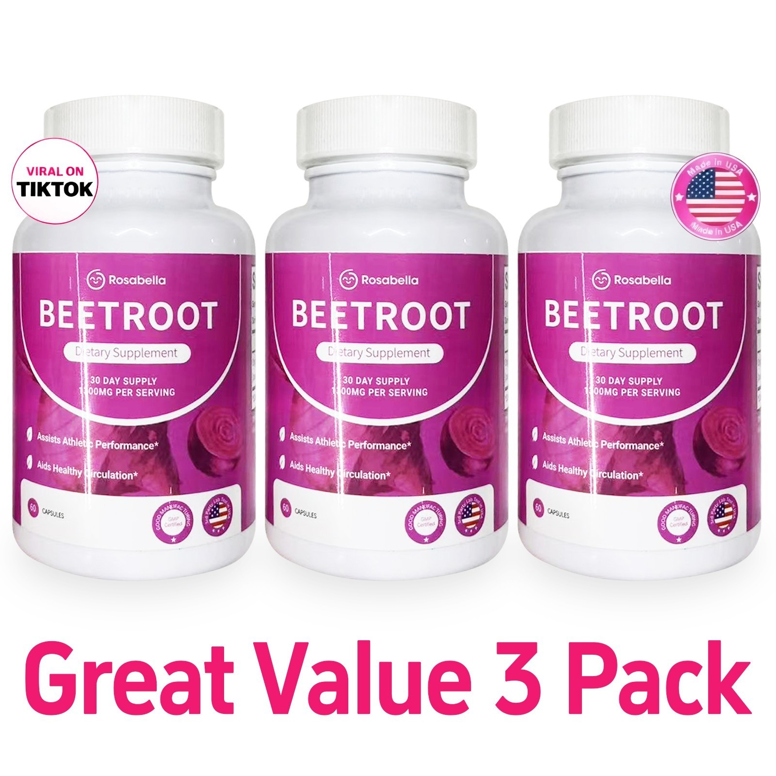 3X Rosabella Organic Beet Root 60 Capsules Natural Energy Boost Blood Pressure