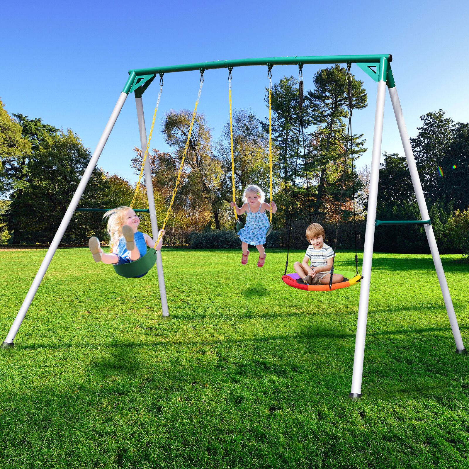 700 LBs Heavy Duty Swing Set 9.5ft Frame Weatherproof Kids & Adult With 3 Swings