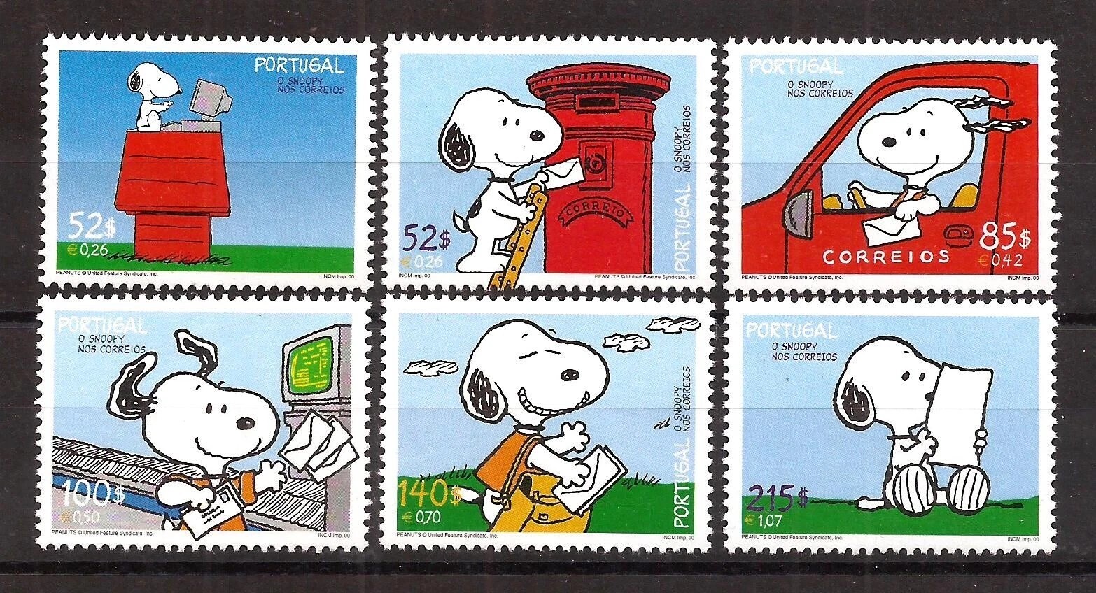 6 Diff SNOOPY Mail & Letters Portugal Unused Postage Stamps MINT NH (Issued2000)