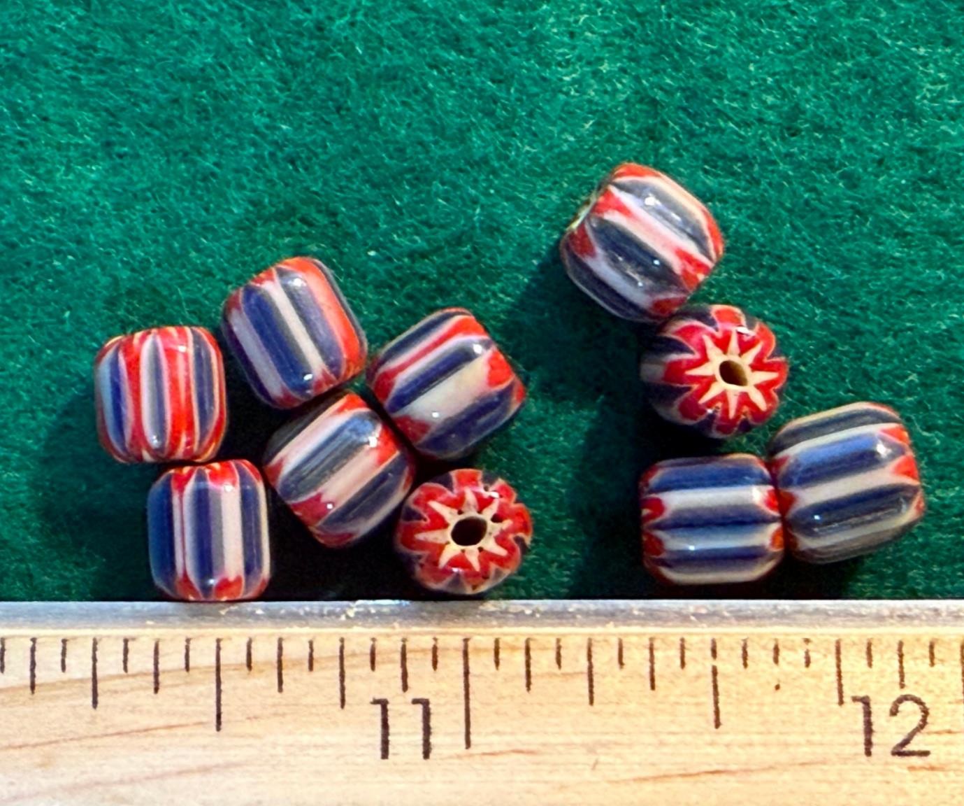 (10) Huron Indian Red White Blue Chevron Glass Trade Beads Fur Trade 1800's