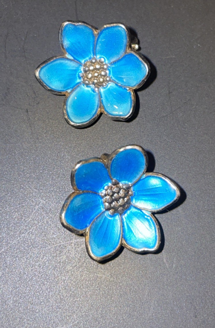 Antique 9253 Sterling Silver Hand-painted Broach And Earrings Norway