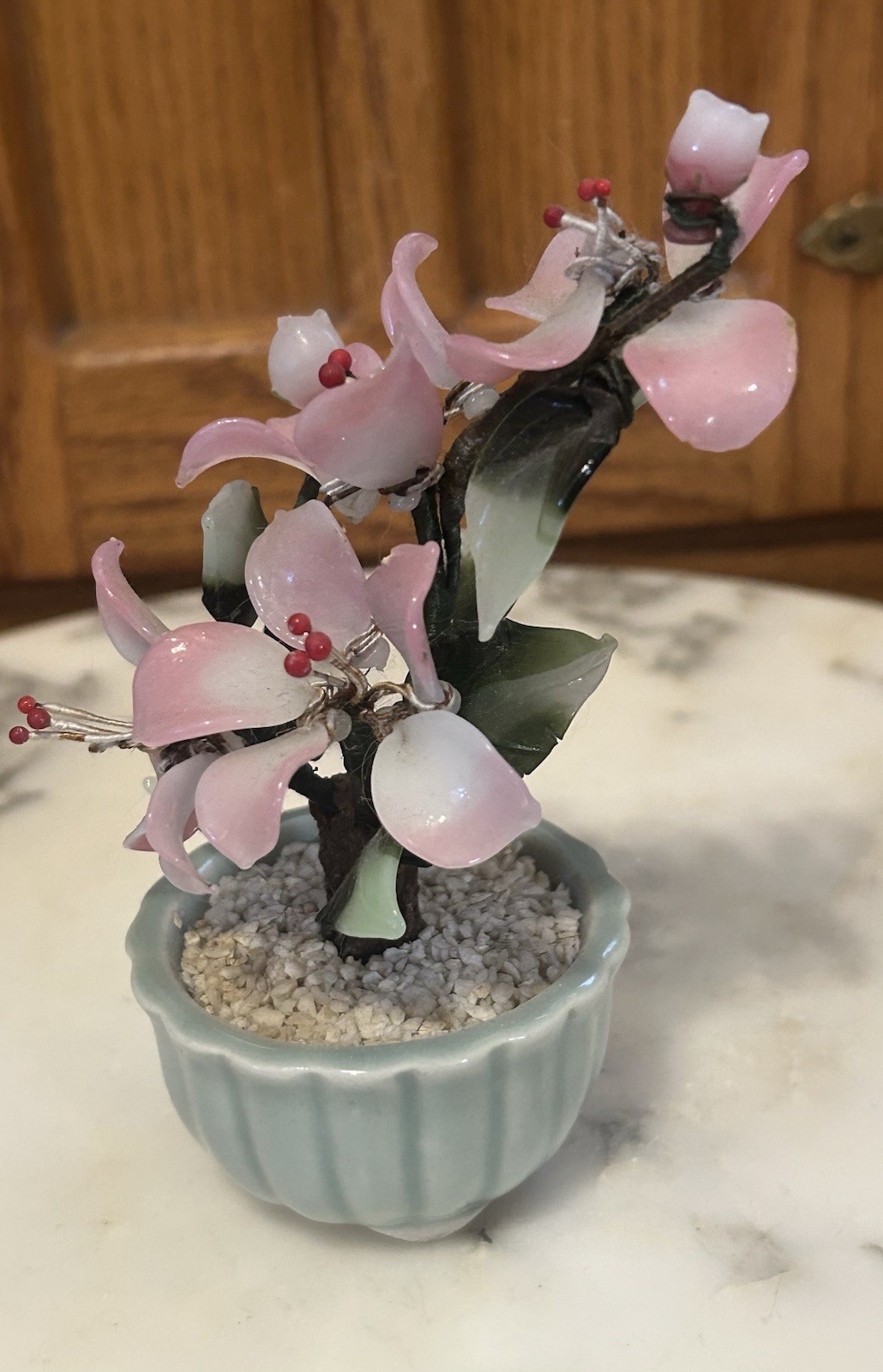 VTG Chinese Jade Glass Leaves Pink Cherry Flowers Bonsai Tree Green Celadon Pot