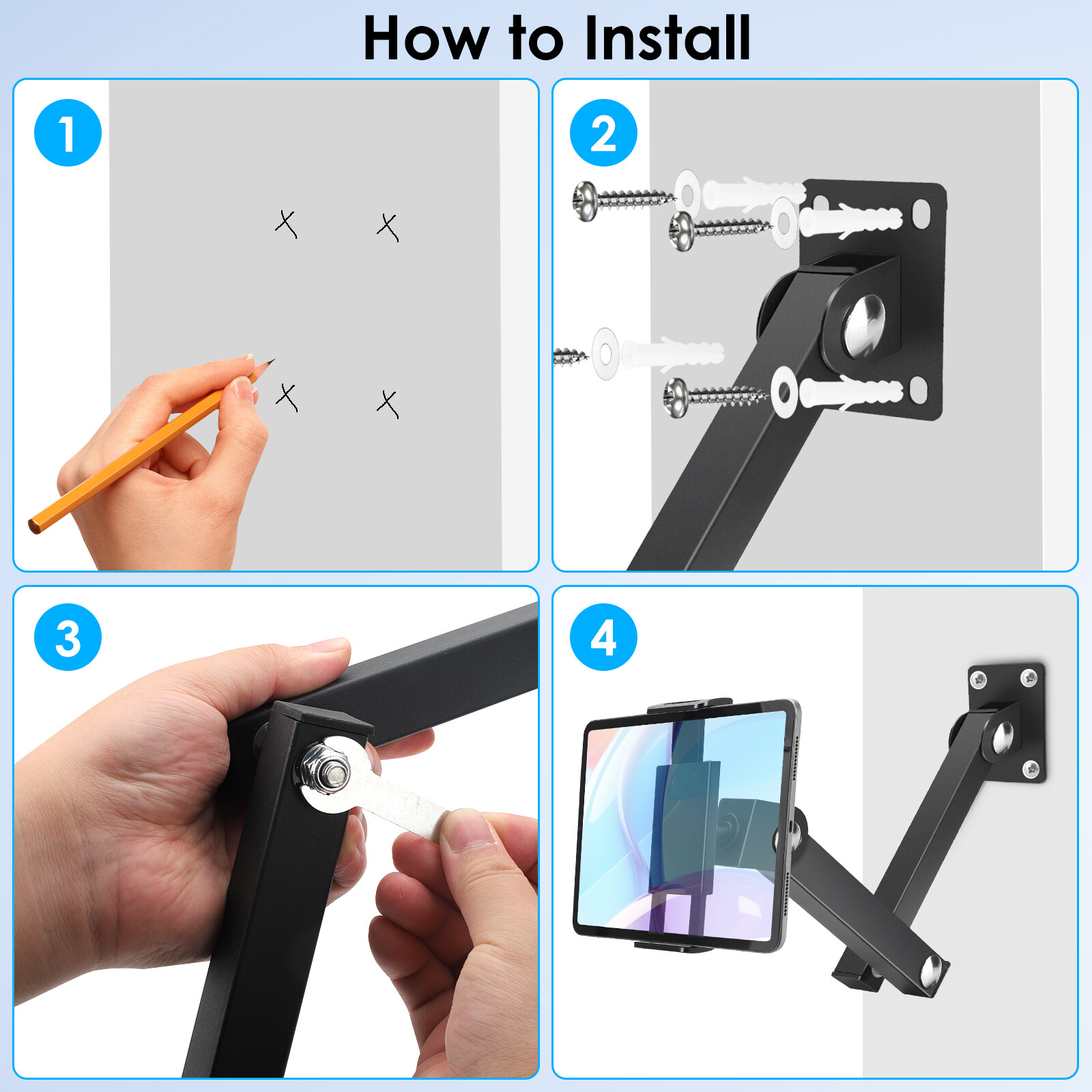 Tablet Phone Wall Mount 360° Rotating Foldable Holder for 4.7-13" iPad iPhone