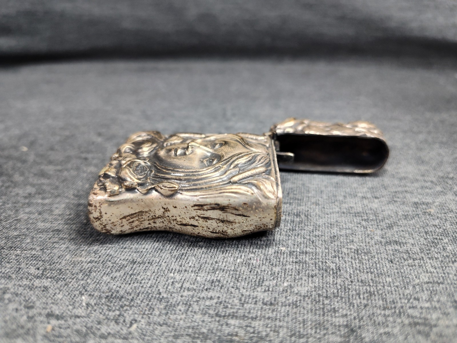 1870's Antique German Silver Art Nouveau Woman Lady Match Safe Vesta