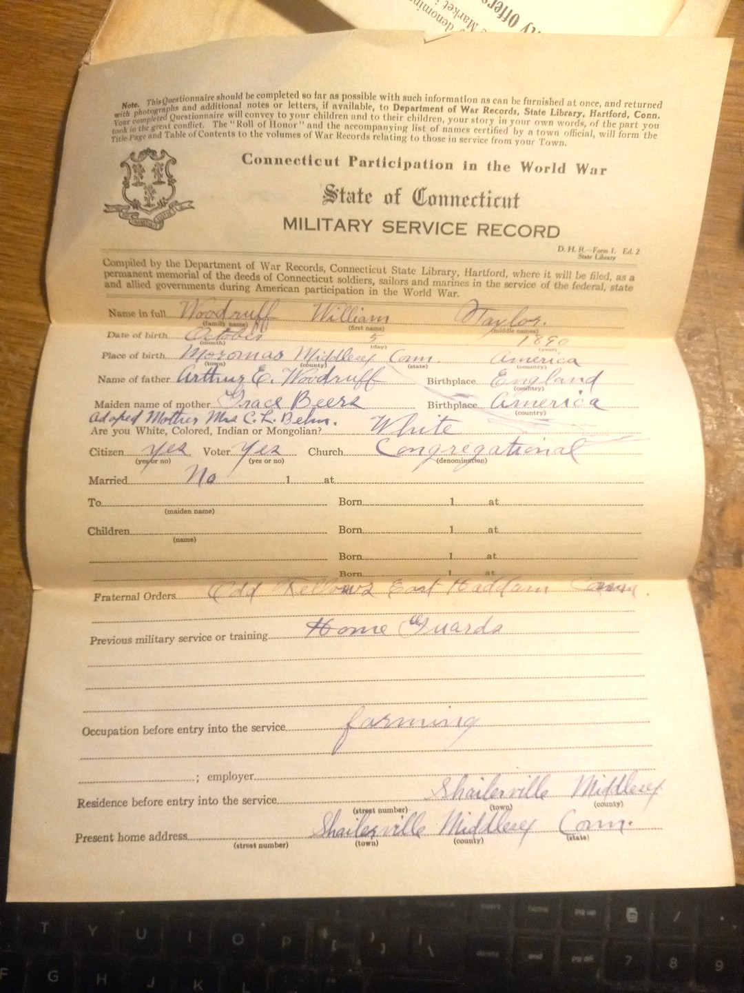 WWI Military Service Record William Taylor Woodruff Connecticut  KIA in France