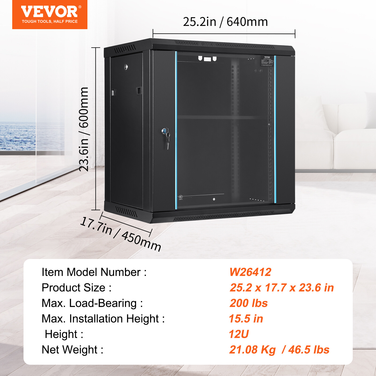 VEVOR 12U Wall Mount Network Server Rack Cabinet Enclosure 15.5'' Deep Door Lock