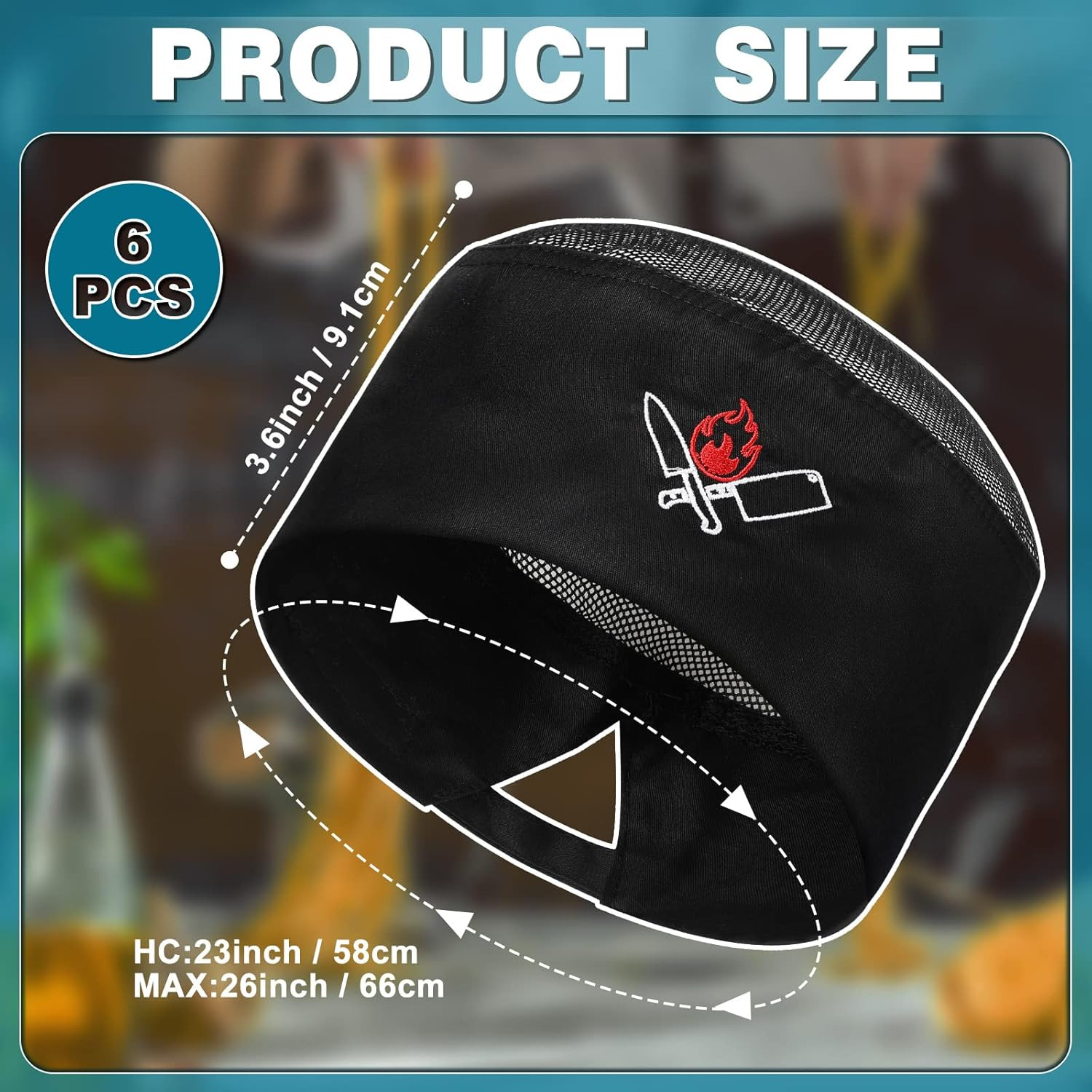 6-Pack Unisex Chef Hats Adult Black Elastic Baker Skull Caps
