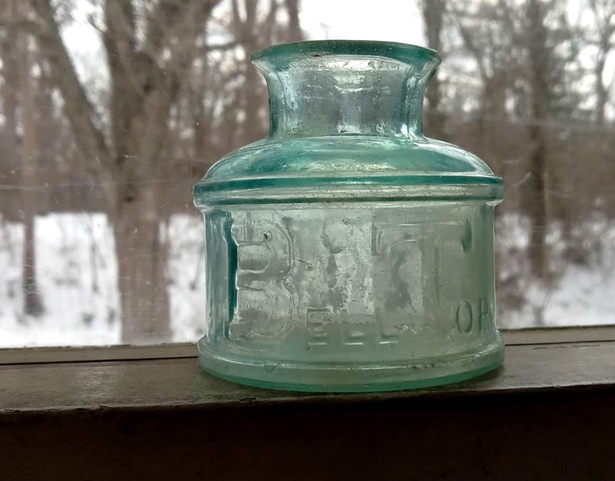 BELL TOP PAT APR.21st 1868 EMB FLARED LIP INK BOTTLE HAND BLOWN NICE