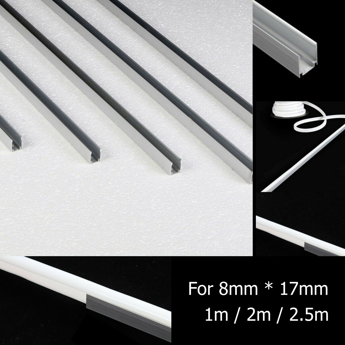 1m-2.5m Aluminum Clip Light Channel Mounting Bracket for 8x16mm Rope Lights