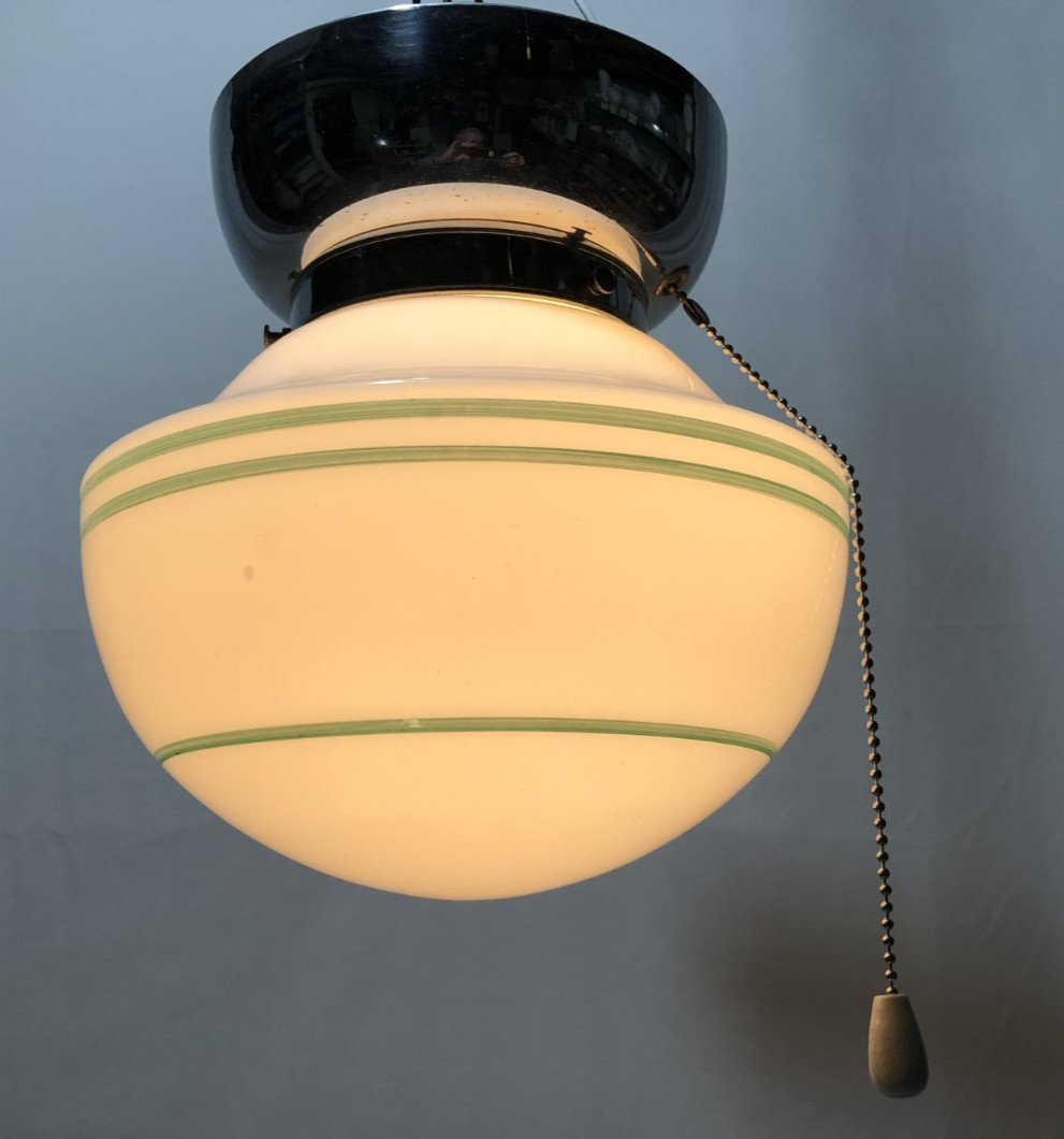 Antique Ceiling Light Chrome Fixture Art Deco Green Glass Shade Stripe USA #K92