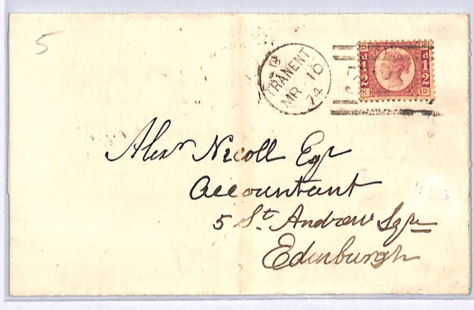 GB QV BANTAM ½d Plate 5 (KD) Cover TRANENT Duplex Haddingtons 1874 Edinr XB51