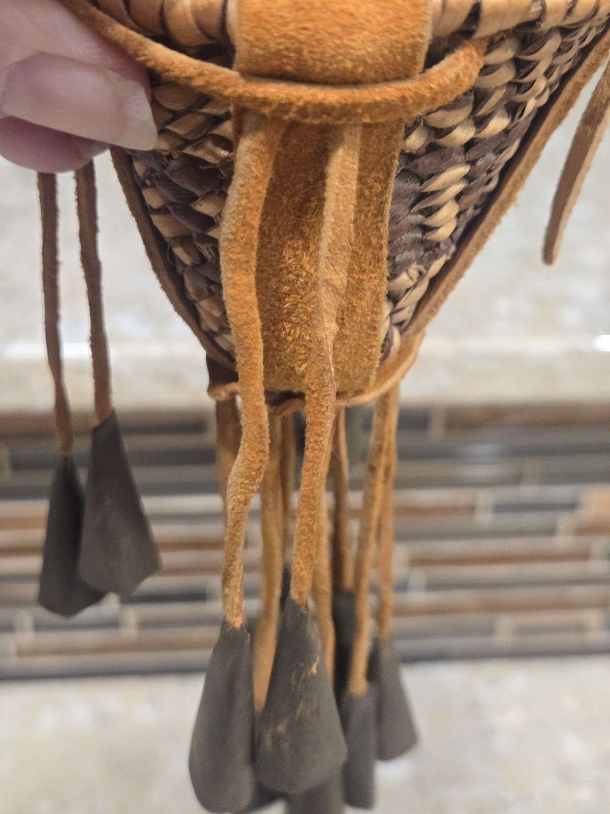 Vintage Miniature Native American Apache Burden Basket with Tipped Tassels