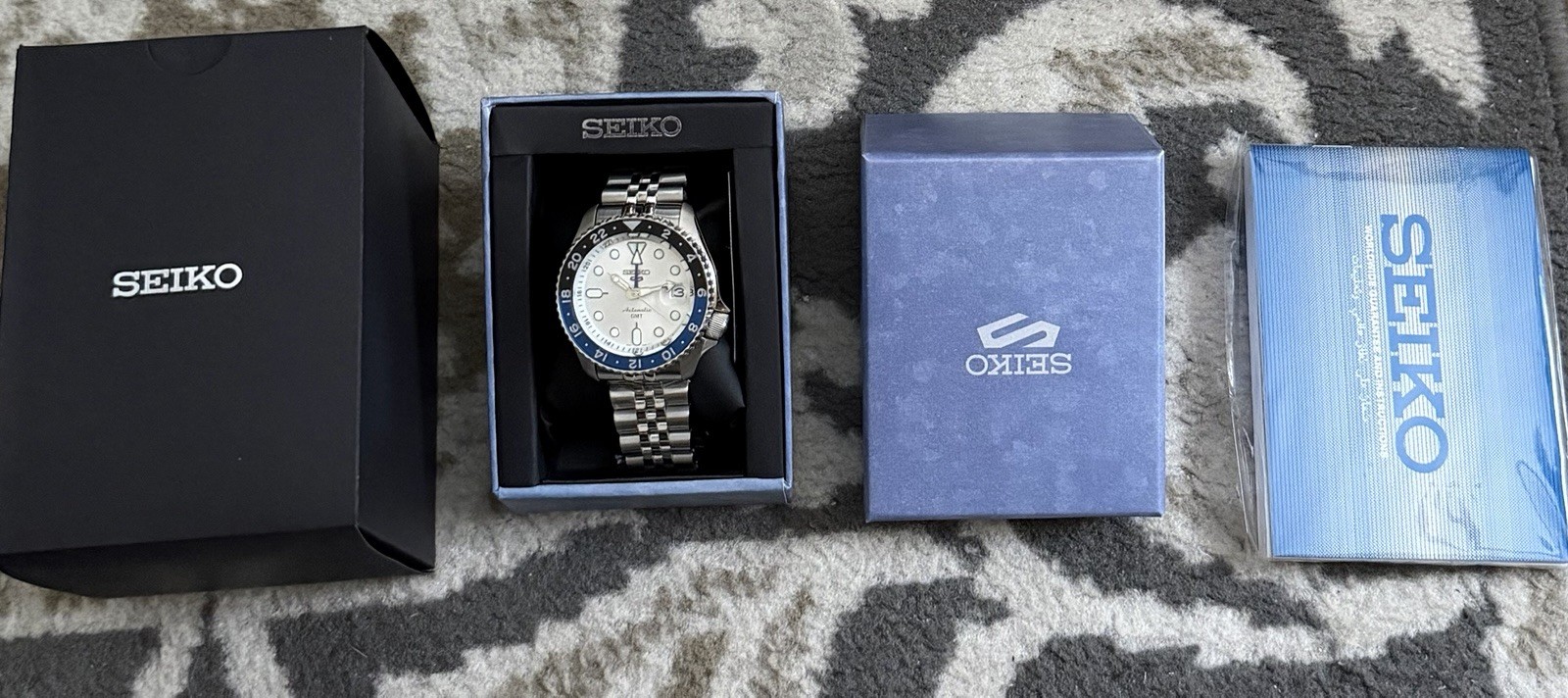 Seiko 5 Sports GMT Automatic Blue Men's Watch White Dial Full Set - SSK003