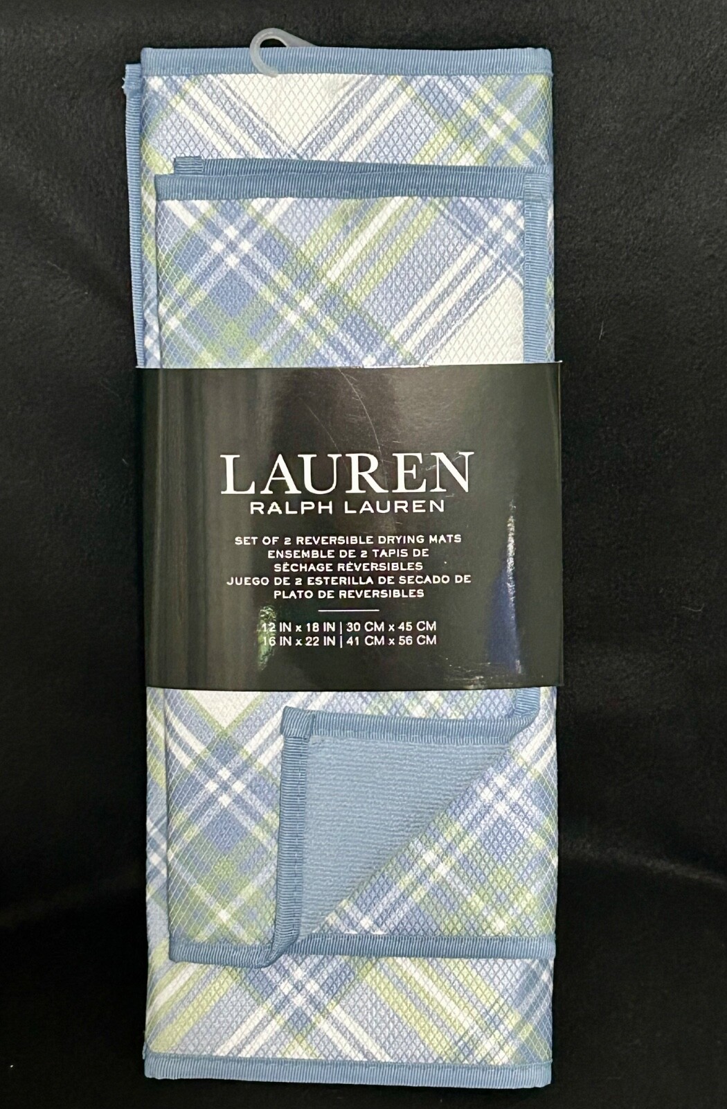 RALPH LAUREN KITCHEN DRYING MATS Plaid (2) 12" X 18" And 16" X 22" Blue/Green