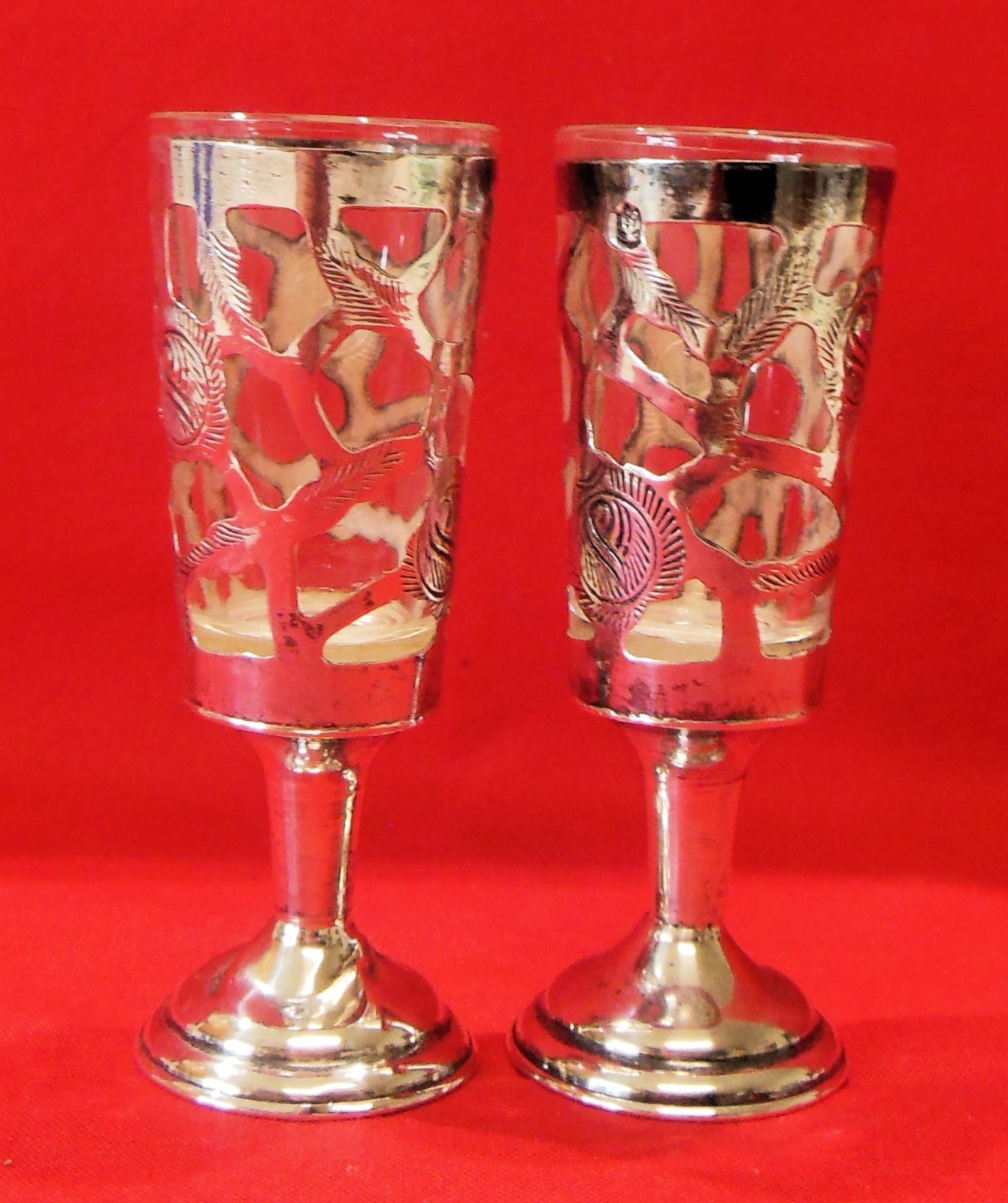 Set of 2 Sterling Overlay Stemmed Shot Glasses Mexico Use Repair Scrap
