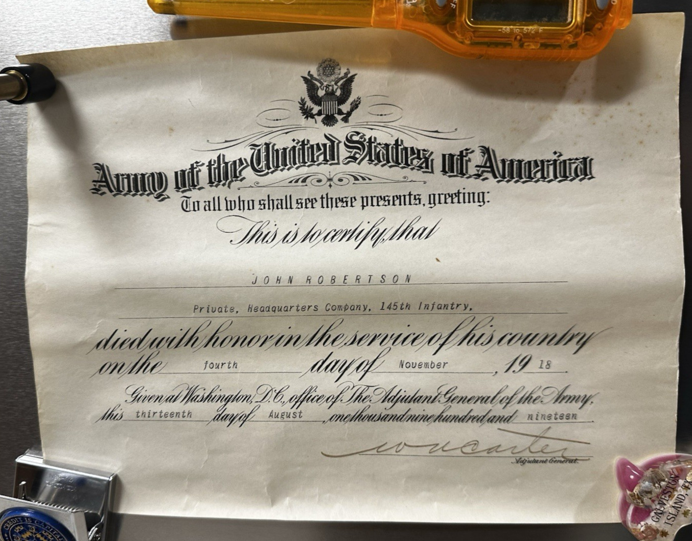 WWI KIA 6-Doc Set Pershing Hand Signed 145th Infantry Belgium 1918