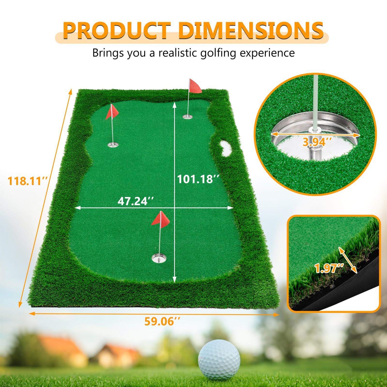 10x5ft Golf Training Mat Putting Green Turf 3 Holes 3 Flags Cups Indoor Outdoor