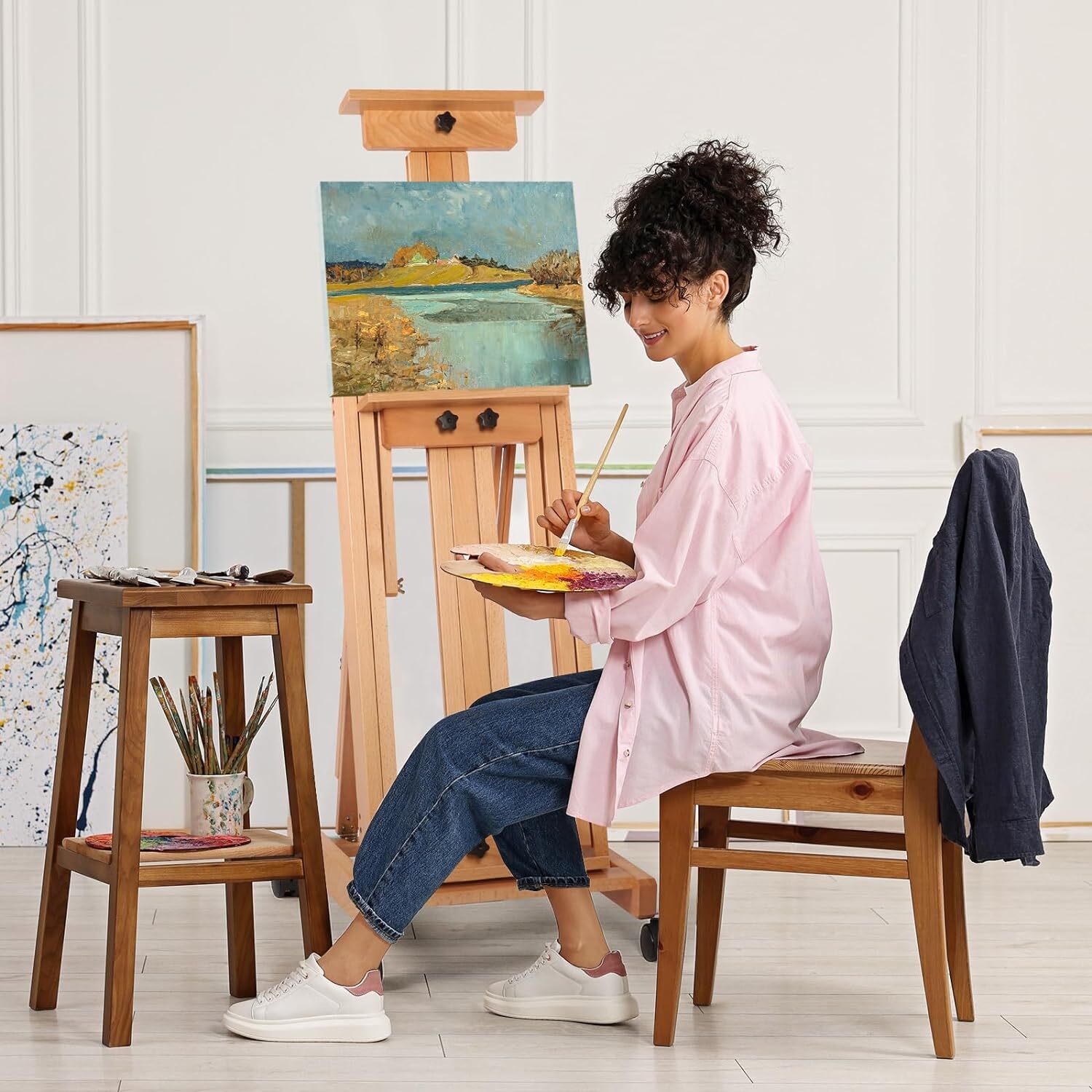 87 Inch Wood Studio Artist Easel Beech Wood Painting Art Easel Standing H-Frame