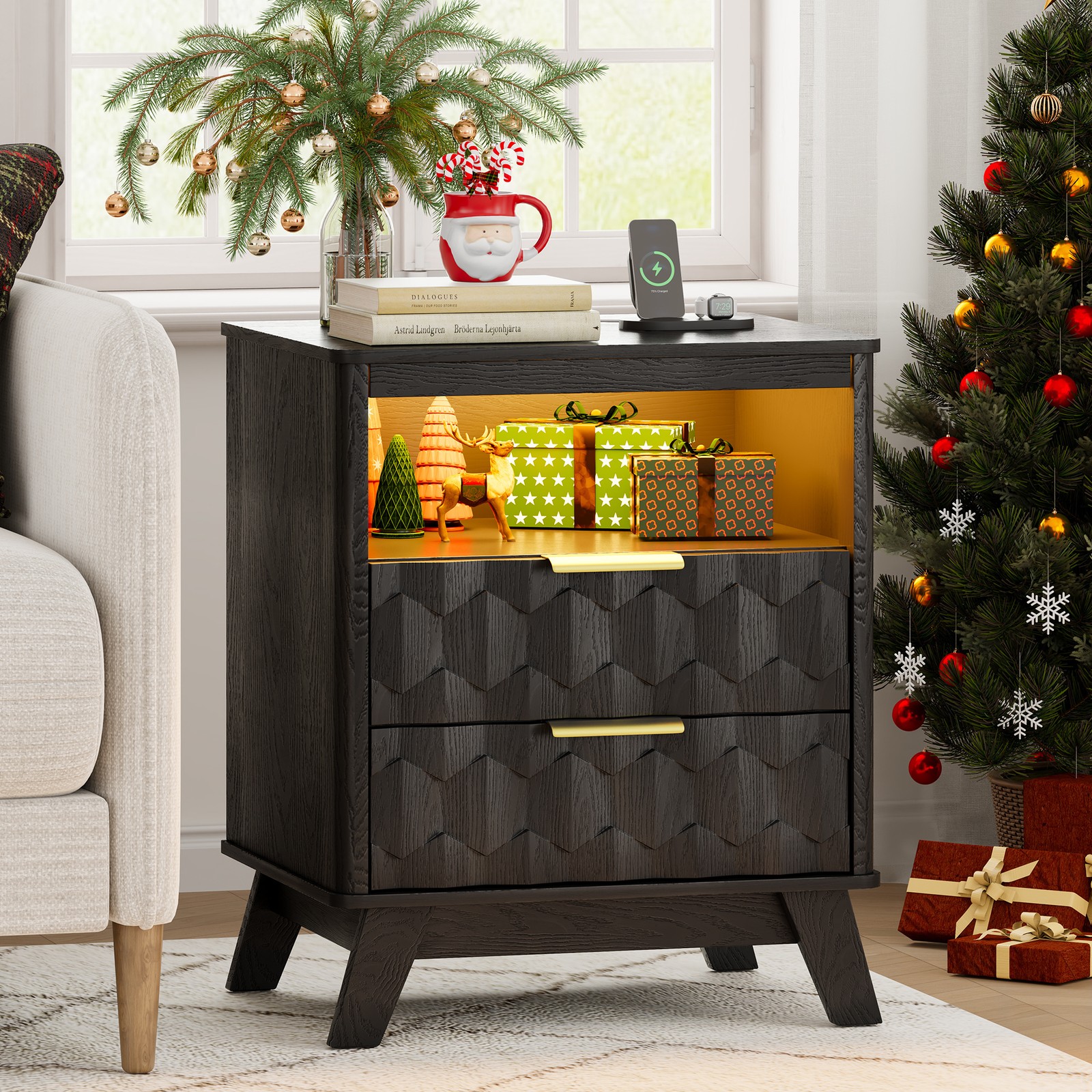 Gurexl Night Stand Set of 2 - with Charging Station and 3-Color LED Light, Black