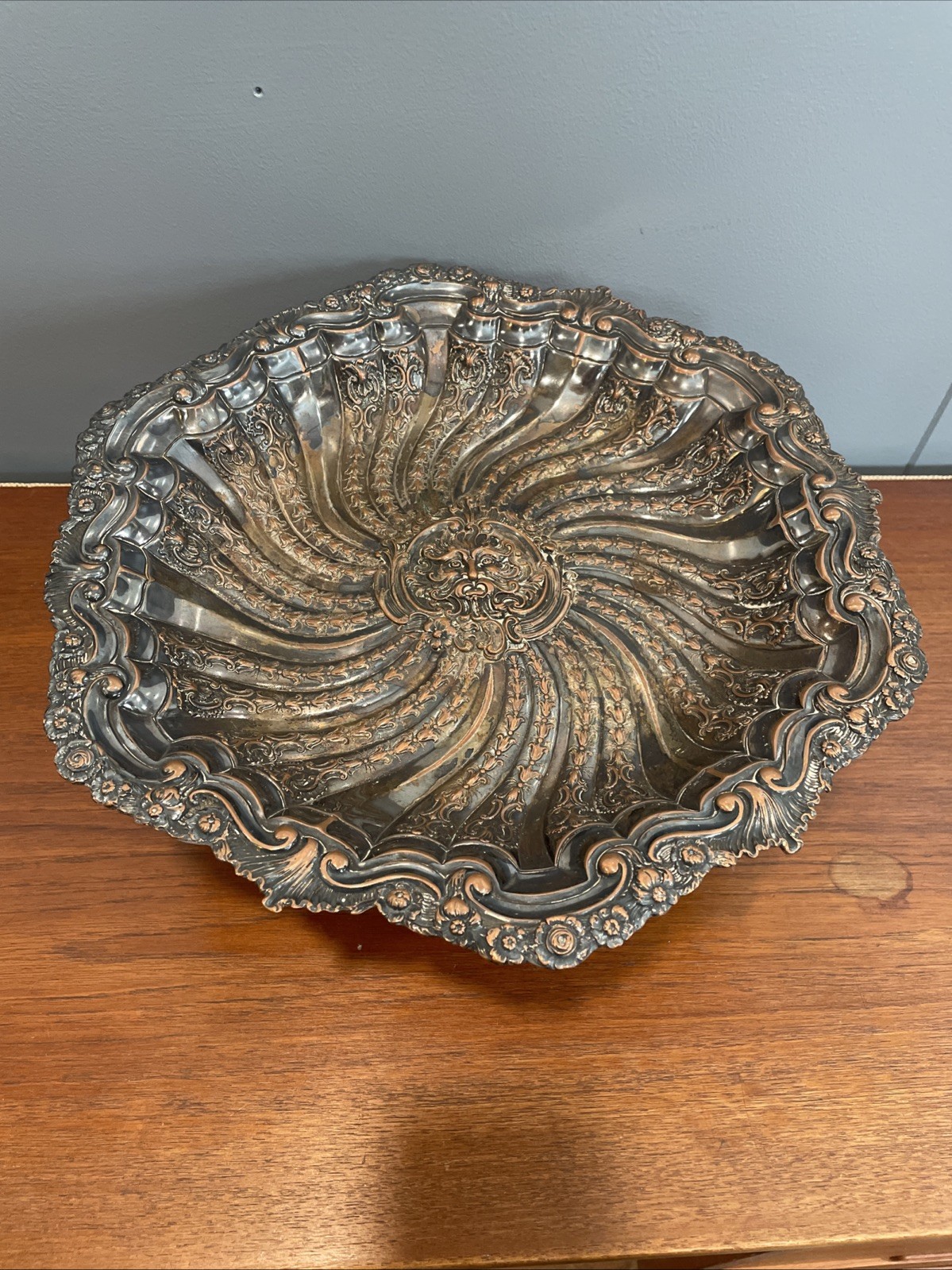 Antique German Silver Rococo Baroque Renaissance Green Man Face Charger Tray