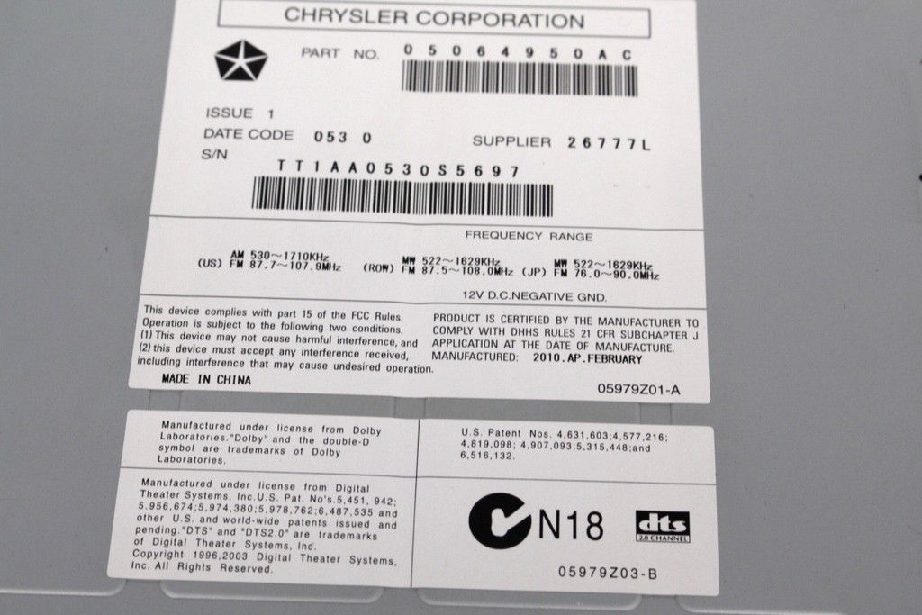 New Old Stock OEM Ram 1500, Liberty, Nitro & Wrangler 6-Disc Player 05064950AC