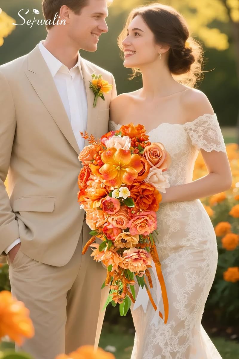 11 Inch Wedding Bouquets Bride Bridesmaid,Fall Cascading Orange Bridal Bouquets