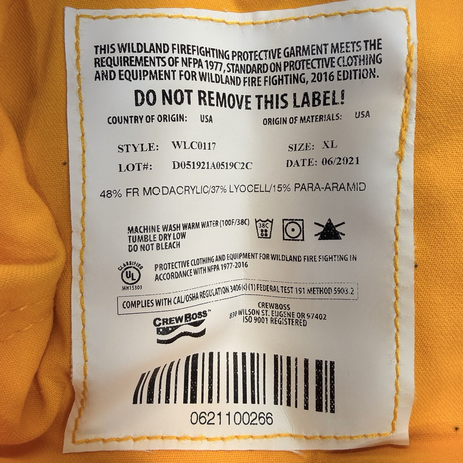 CrewBoss Brush Coat 7.0 oz Tecasafe WLC0117 Yellow Wildland Firefighter Mens XLg