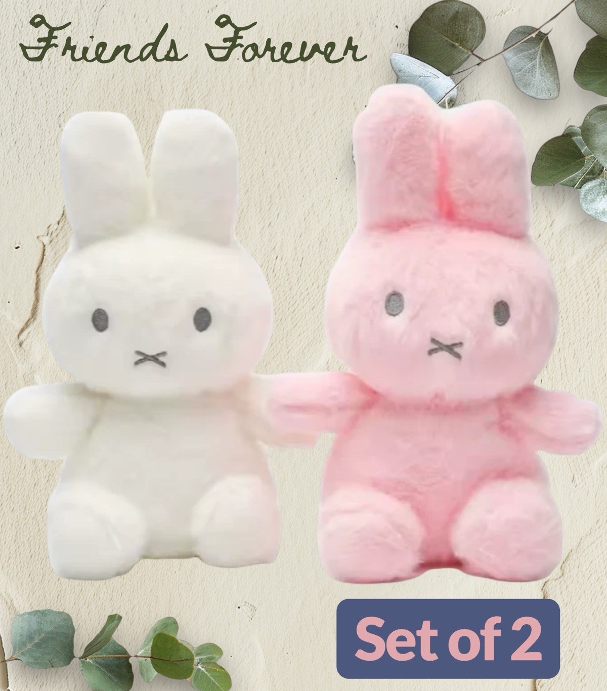 (Set of 2) Miffy Plush Rabbit White Pink Furry Sitting BBF Toy Pillow Home Toy