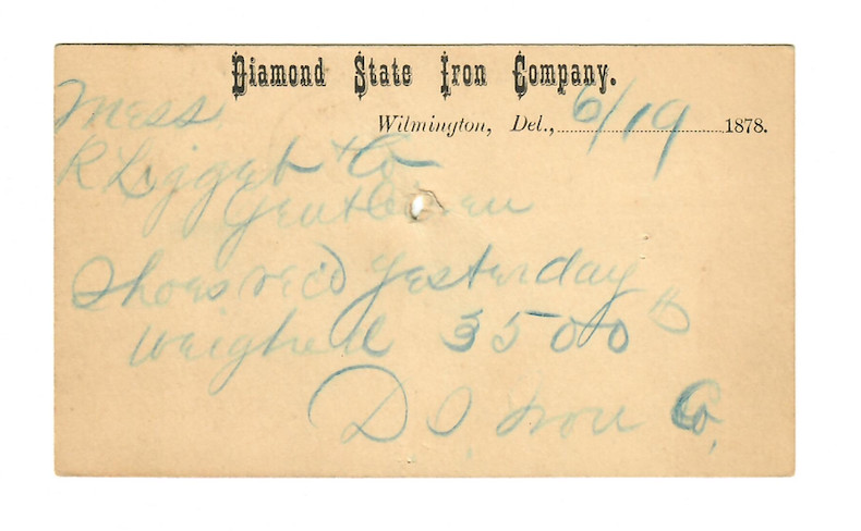1878 Diamond State Iron Company Postal Card — UX Series 1¢ Liberty (C070)