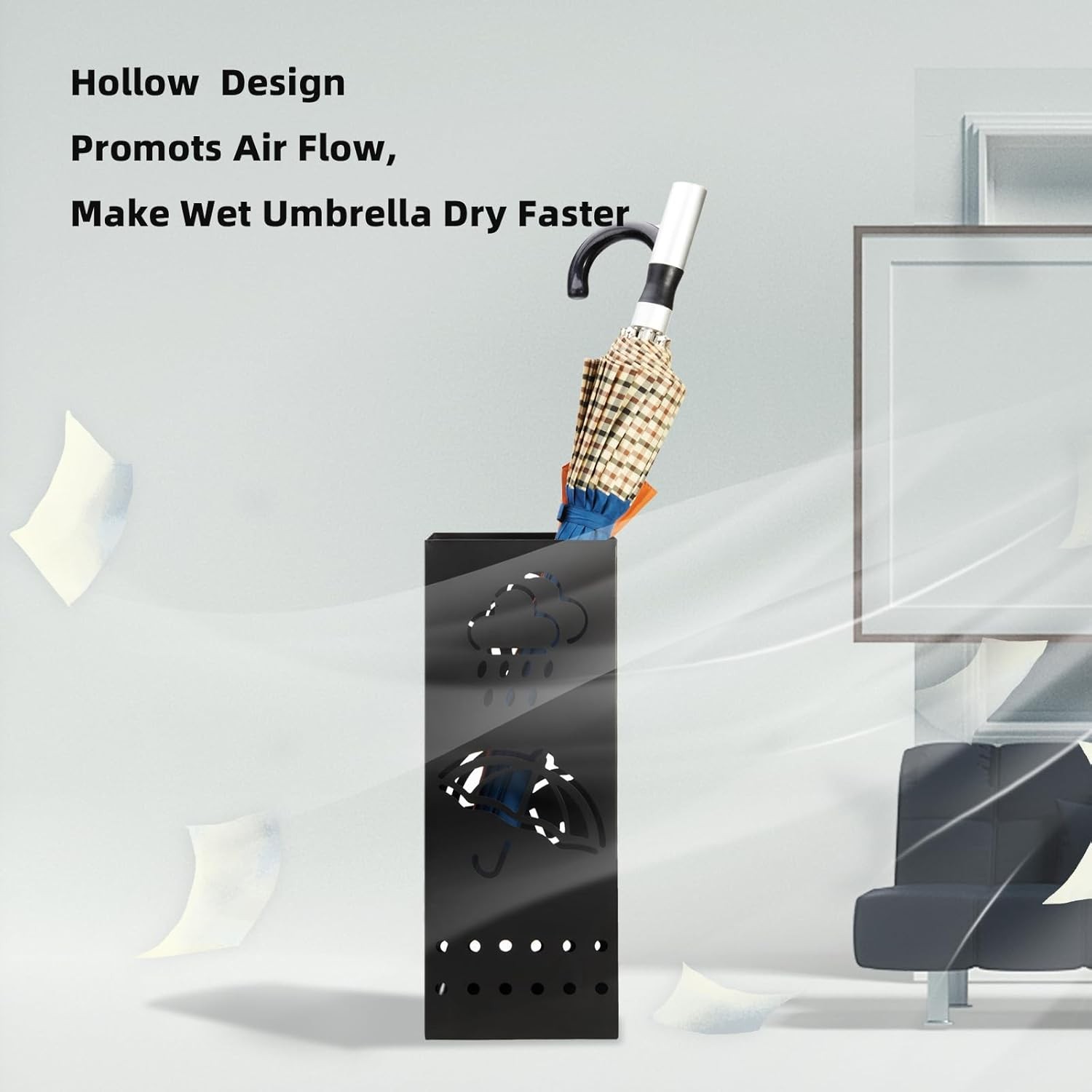 Umbrella Stand Rack for Entryway, Black Square Metal Umbrella Holder, Free Stand