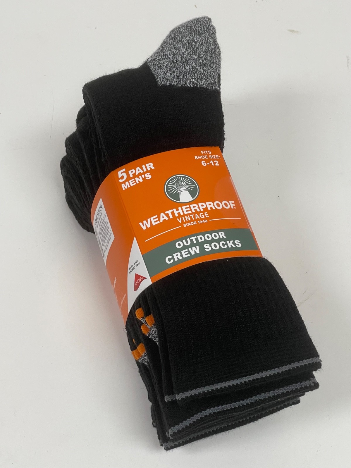 5 Pairs BLACK Weatherproof Vintage Men's Outdoor Crew Socks Shoe Size 6-12