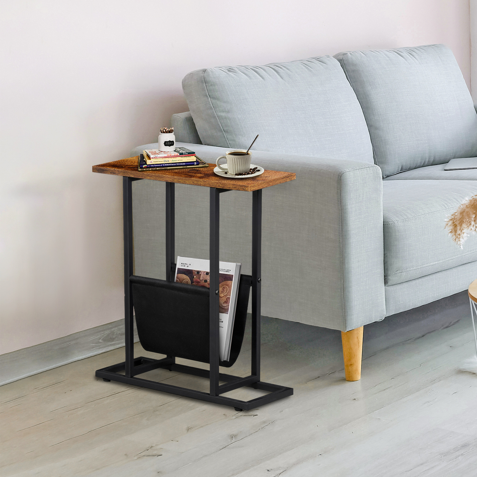 Narrow Small End Table with Magazine Holder ForLiving Room Corner Table Brown
