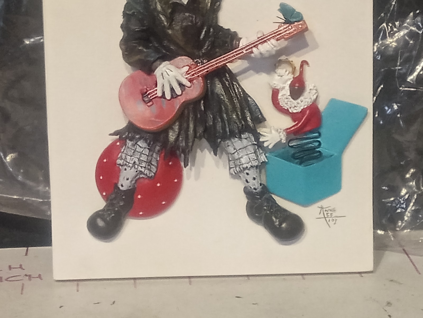 Vintage Annie Lee Red Ball and Butterflies CLOWN GUITAR CERAMIC WALL PLAQUE