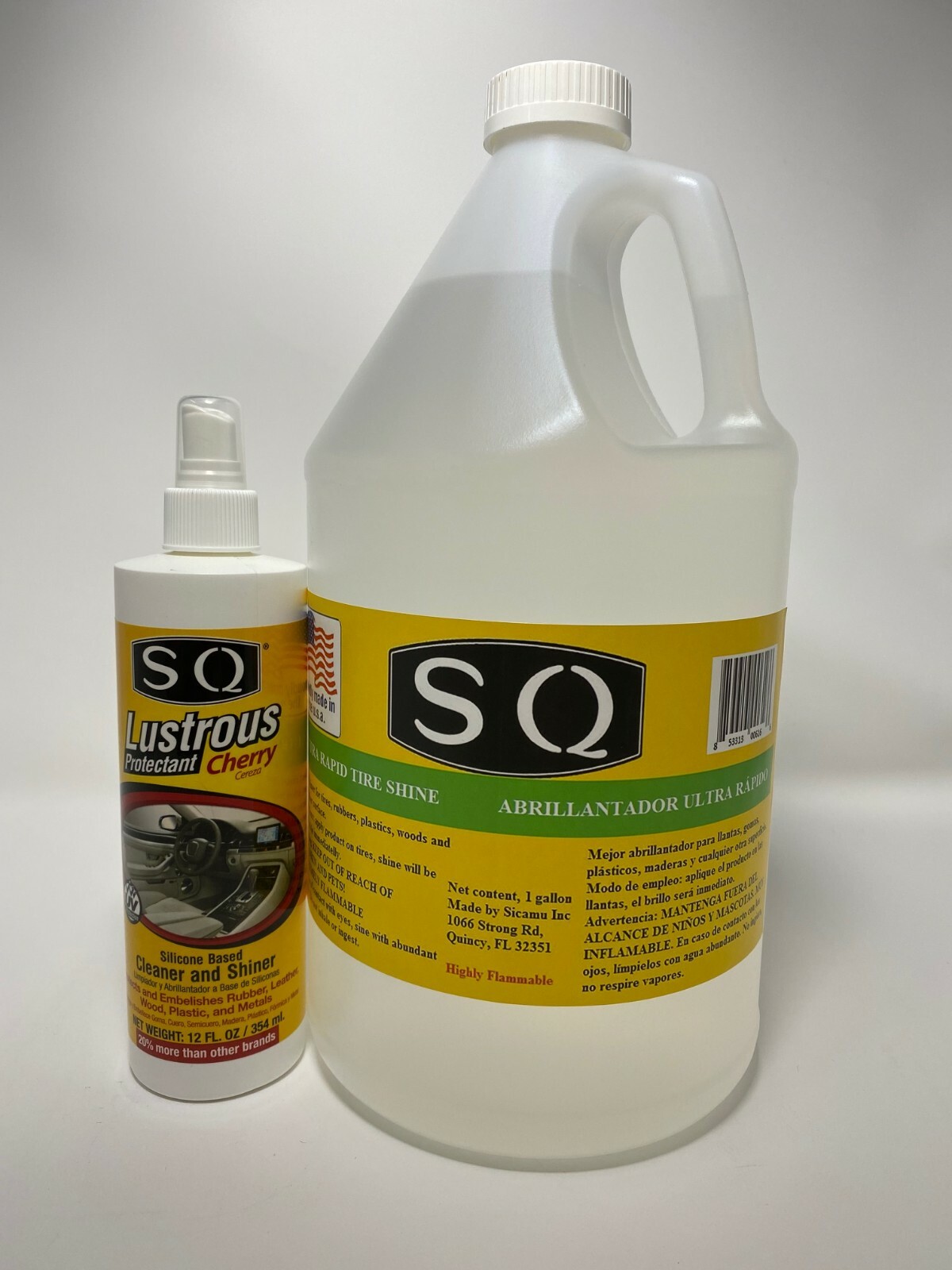 Tire Shine gallon (128 Oz) and 12 Oz SQ Lustrous interior protectant and shiner