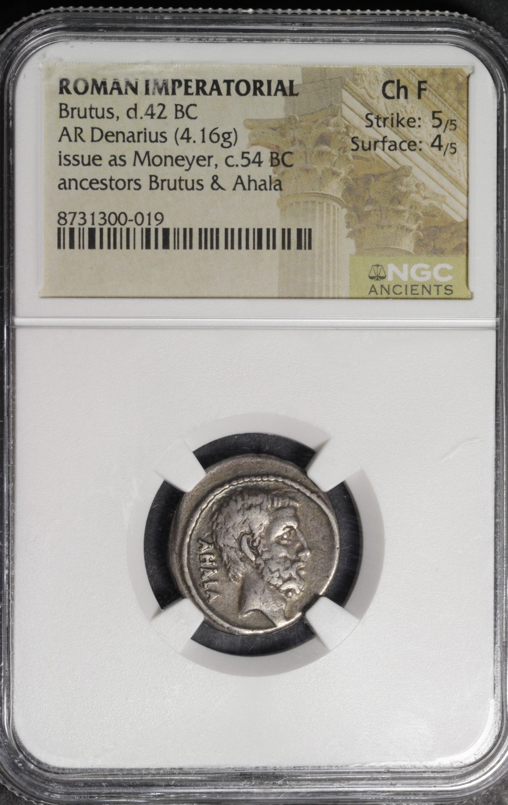 Brutus Denarius NGC Ch F Ancient Roman Republic Silver Coin 42BC Toned