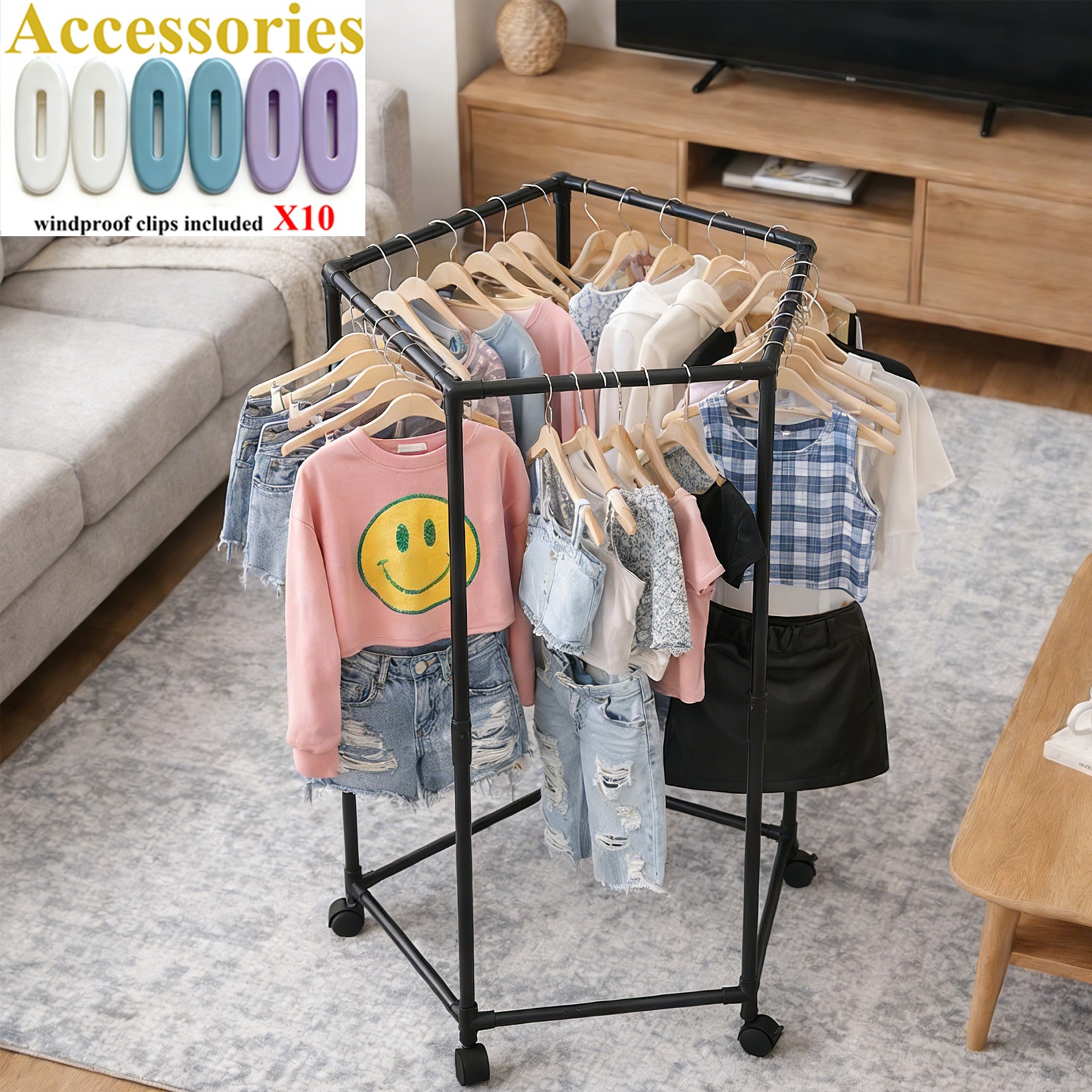 Clothes Rack With Wheels, Hexagonal Rolling Clothing Rack For Hanging Clothes