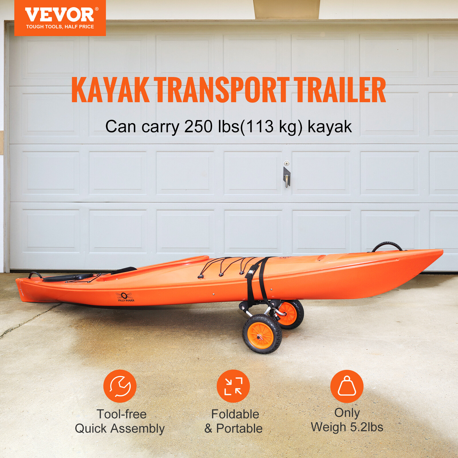 VEVOR 250lbs Foldable Kayak Canoe Boat Carrier Dolly Cart with 10'' Solid Tires